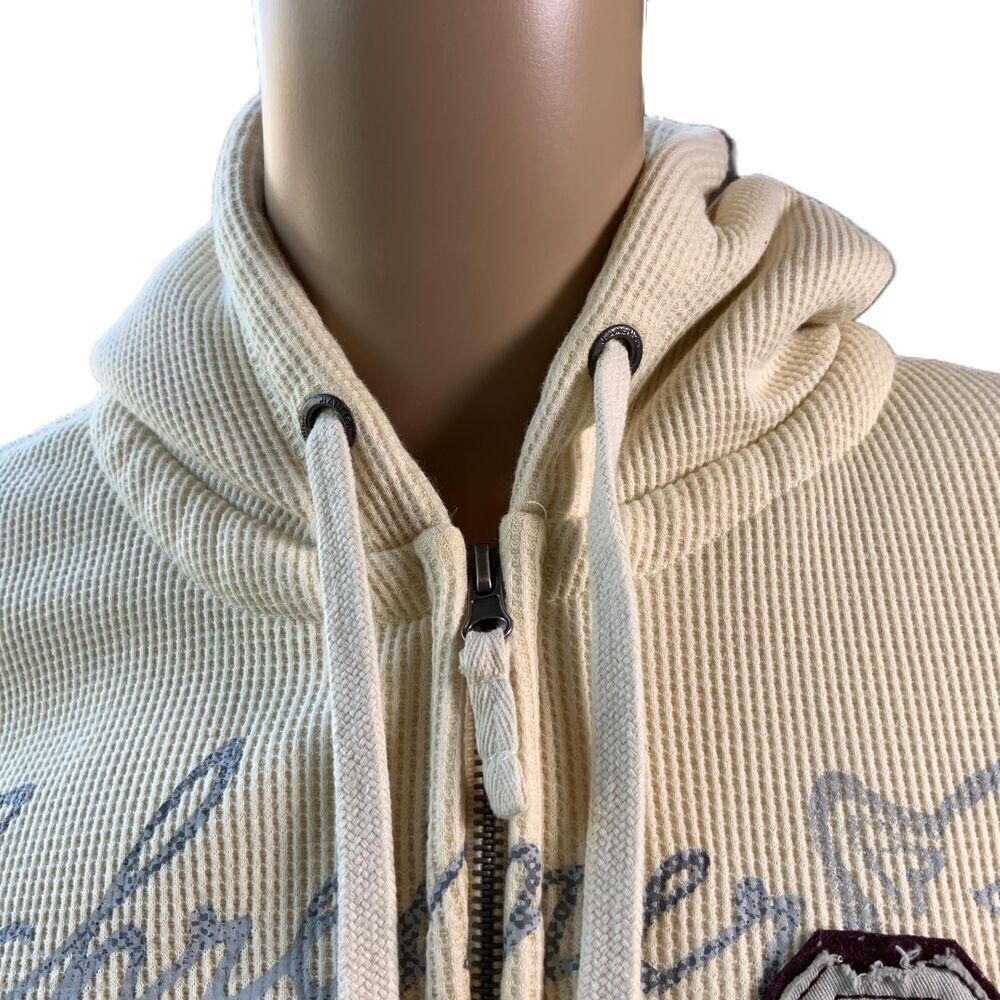 JAmerica Cream ZipUp Drawstring Hood Front Pockets‎ Graphic Print Hoodie Size XS - Picture 2 of 14